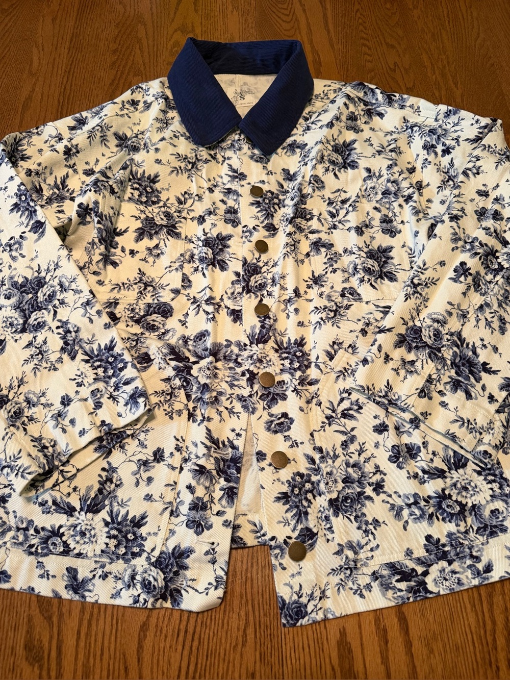 Altar’d State Floral Print Blue & White Women's Barn Jacket with Corduroy Collar